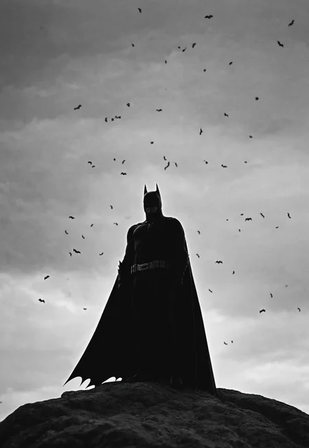 Silhouette of Batman standing On a Rocky Hill, Looking at the sky, Bats flying around hill, Black and white, Cinematic, Canon AE-1, 50mm lens, f/2.8, 1/1000s, ISO 200