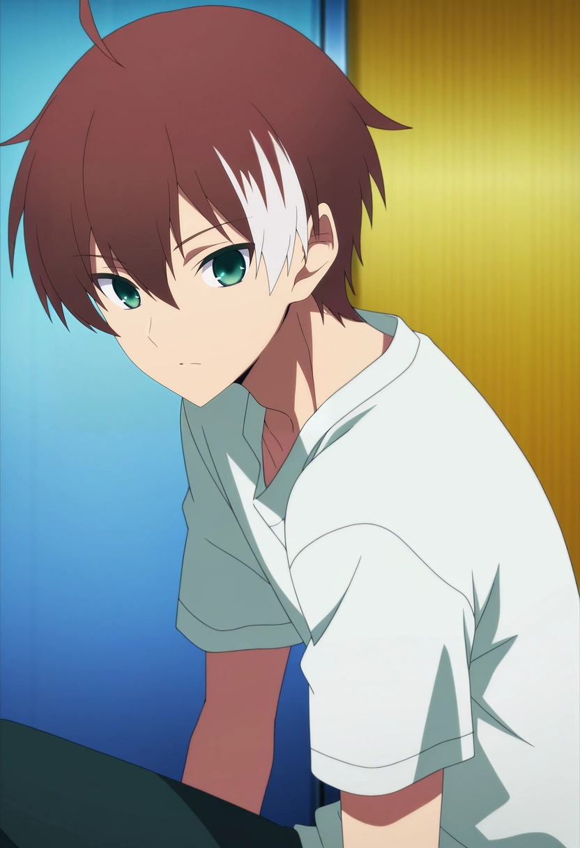 masterpiece, best quality, , anime screencap, anime coloring, official style, looking at viewer, 1boy, solo, male focus, <lora:akatsuki_iride_ilxl:0.9>, akatsuki_iride, brown hair, green eyes, short hair, ahoge, multicolored hair, two-tone hair, white hair, ,