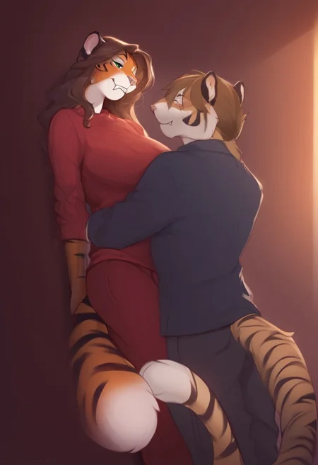 score_9, score_8_up, score_7_up, score_6_up, semi-realistic artwork, high quality, vibrant colors, best quality rendering, intricate details, high resolution, sharp focus, best render quality,Expressiveh,[e621] Scappo Style
1girl,Alex Marx,anthro,tiger,tiger ears,animal nose,brown hair,long hair,Green eyes,orange fur,body fur,tiger stripes,tail,large breast,fangs,claws,red sweather,pants
