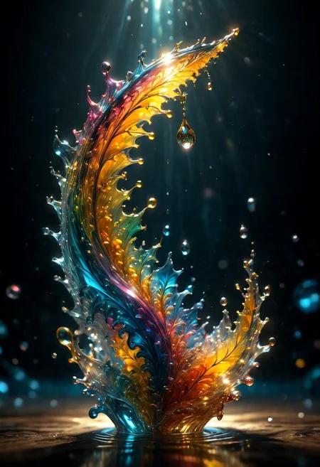 An abstract shape, amazingly fluid, made of glass, detailed, 3d fractals, light particles, water drops, shimmering light, surreal, ink, smooth, shimmering, glow, cinematice contrast, Glow, 16k, crystal clear, colorful, backlight,