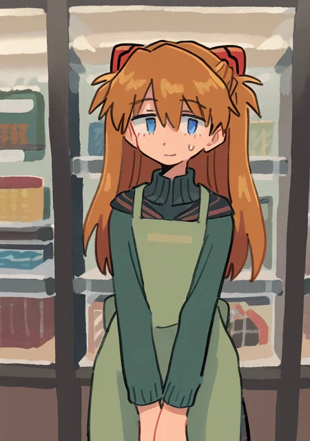 masterpiece, best quality, very aesthetic BREAK muji \(uimss\), solo, store, sullen, tired, souryuu asuka langley, looking at viewer, uniform, apron, arms between legs, nervous, (bags under eyes:.6), light smile
<lora:noob-muji-nov07-step00002640:1>
