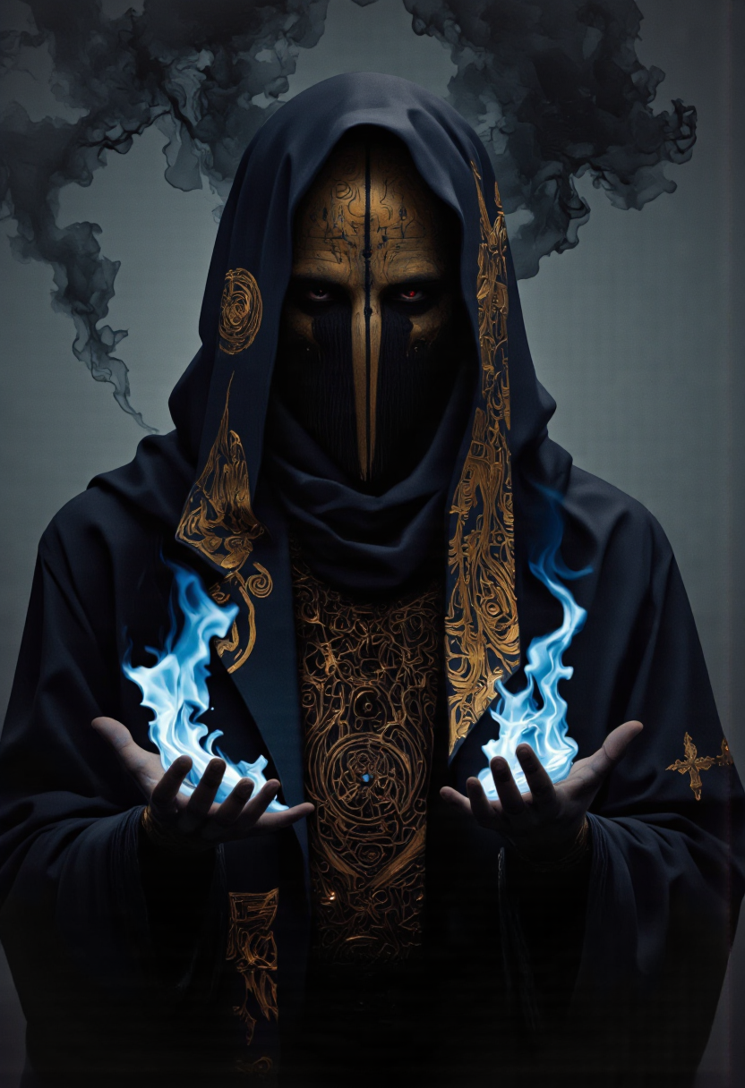 Art par Alexey Egorov. Une illustration numérique tire à partir d'un angle de caméra frontal sur une figure mystérieuse dans un manteau sombre et cagoulé avec des motifs de crâne brillants, tenant une flamme bleue brillante dans les deux mains. L'image montre également une figure masculine solo debout au milieu de l'image, avec une expression sérieuse, portant un manteau sombre avec des motifs en or complexes et un motif de crâne sur le côté gauche de sa poitrine. La silhouette a une longue barbe et des yeux brillants rouges, qui semblent regarder directement le spectateur. Il a un corps mince et porte un manteau noir avec des accents d'or, et ses mains sont tendues, tenant la flamme avec les deux mains, comme si elle lançait un sort. Le fond est sombre et fumé, avec des flammes bleues émanant des mains de la figure, créant une atmosphère mystique. Le style est réaliste avec une touche de fantaisie, et la signature de l'artiste est dans le coin inférieur gauche.