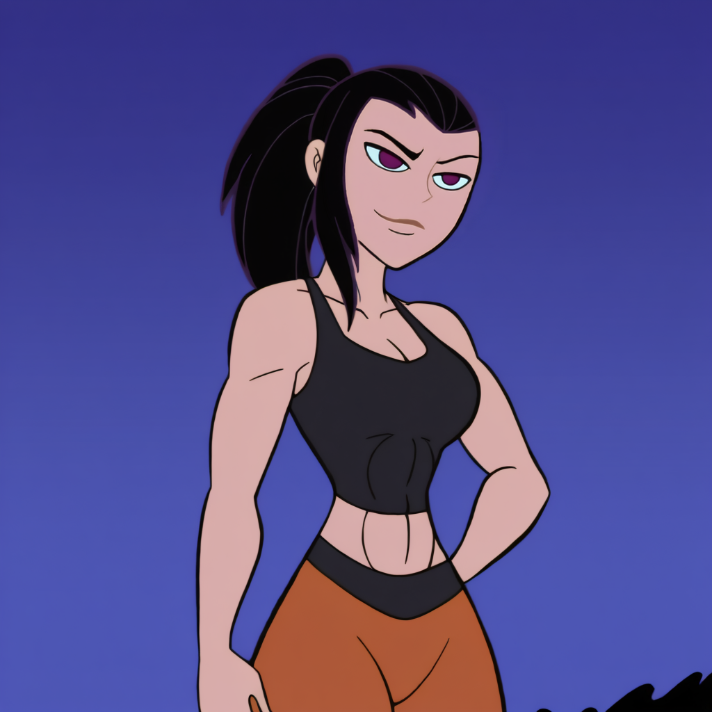 masterpiece, best quality, outdoors, night, dark, looking at viewer, closed mouth, 1girl, solo, maki oze, black hair, long hair, ponytail, sidelocks, purple eyes, black tank top, cleavage, collarbone, abs, covered abs, muscular female, toned, orange pants, smug, smile, looking at viewer, kmstyle,  <lora:Kim_Possible_Style_6c_Illustrious_aon:1>