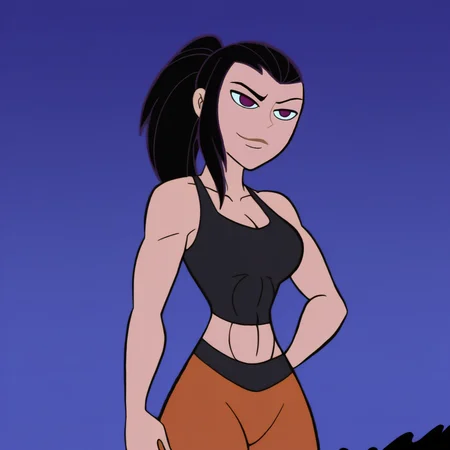 masterpiece, best quality, outdoors, night, dark, looking at viewer, closed mouth, 1girl, solo, maki oze, black hair, long hair, ponytail, sidelocks, purple eyes, black tank top, cleavage, collarbone, abs, covered abs, muscular female, toned, orange pants, smug, smile, looking at viewer, kmstyle,  <lora:Kim_Possible_Style_6c_Illustrious_aon:1>