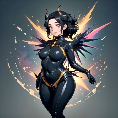 ((top quality, 8k wallpaper)),(masterpiece, best quality),extremely detailed,high definition,(official art:1.3),(((anime screencap,black outline))),<lora:more_details:0.3>,<lora:LCM_LoRA_Weights_SD15:1>,1girl, (large breasts), (parted bangs:1.6), <lora:ETO_OC:0.2> ETO-OC, <lora:ETO_OCC006:0.4>, ETO_OCC, (curly hair:1.3), (long hair:1.1), thick eyebrows, pale skin, curvy, (plump:1.2), fat, 1girl, mature female, smile, black hair, looking at viewer,  BREAK <lora:devilmercy-nvwls-v1:0.7> devilmercy, demon horns, blue sleeves, opalescent bodysuit, long sleeves, blue gloves, pelvic curtain, (mechanical wings:1.4), opalescent leggings, fire, sparks, brimstone, (glowing wings), (neon lights), magical, mystical, rainbow, <lora:opal-style-darquelilly-v1:0.8> opalstyle, opal gems
