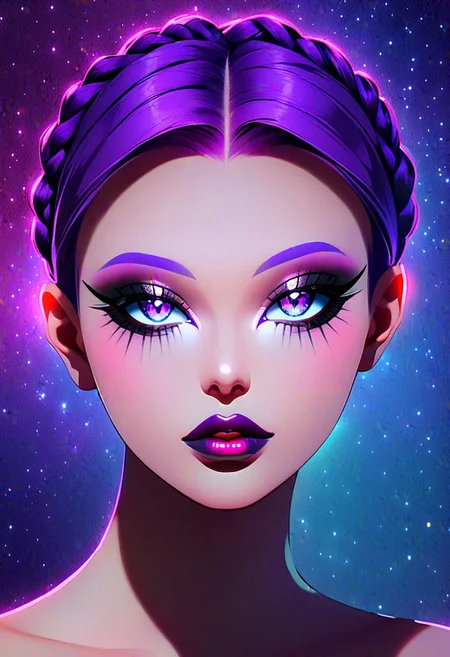 neo noir style portrait of a beautiful woman painted on wall with light, stunning beauty, soft light, pastel colors ,black and purple hair, dark punk, heavy makeup, line art, postmodernism, neo noir, simple background, glowing lips, lips closed, light smile, masterpiece, natural style, braided mohawk,, realistic and detailed eyes, beautiful eyes, amazing eyes,kawaii makeup dark makeup, nerd, red glowing lips, bangs,