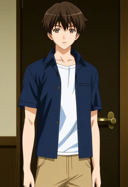 ((masterpiece)), ((best quality)), ((ultra-detailed)), ((absurdres)), score_9_up, score_8_up, score_7_up,
HD, top quality, best quality, amazing quality, High-quality illustrations, anime screencap, source_anime, best aesthetic, perfect proportions, perfect eyes, 1boy, 1male, solo boy, solo male, male focus, solo male focus, Anime, boy, male anime character, anime boy, handsome, sexy, cute, charming, ((looking at front, looking at viewer)), ((front shot, front view, view from front)), ((cowboy shot, head to hips shot)), ((tall body, tall height)), ((lean body, slim body)), Tomoya Mochizuki, brown hair, brown eyes, dark blue jacket, short sleeves, light brown shorts, ((inside room, brown room, sliding doors)), easynegative, updn, Expressiveh, masterpiece, best quality, very aesthetic, absurdres