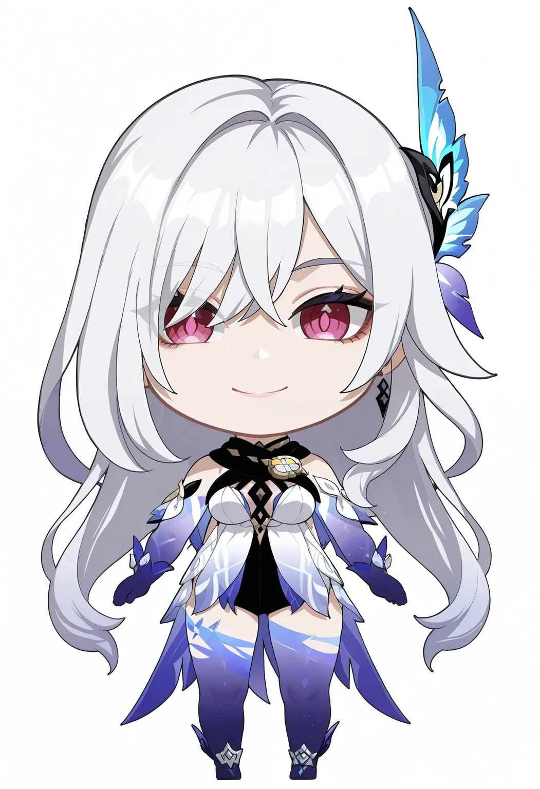 anime, anime coloring, anime screenshot,
gnshnskrk, genshin impact, skirk \(genshin impact\), hair ornament, purple eyes, white hair, medium breasts, butterfly hair ornament, gradient hair, hair between eyes, hair intakes, very long hair, <lora:genshin_skirk_illustrious:0.8>,
(chibi:1.5), smile,
white background,