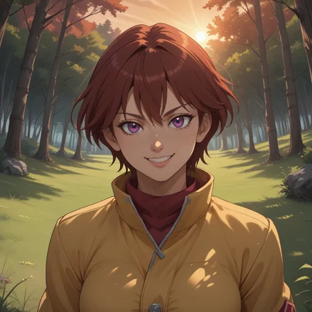 score_9, score_8, BREAK, solo, Fujieda Yoshino, red hair, short hair, purple eyes, anime screencap, Digimon savers, sexy pose, self portrait, smile, looking at viewer, outdoors, sunlight, shadows, evening lighting, natural lighting, forest, trees, grass, orange sky, sunset