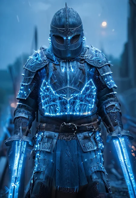 1man, armored Viking warrior in lamellar armor, wearing Viking helmet and lamellar armor, broken glass, reflection, glowing blue lightning, Dual Swords, Viking sword, blue flames, shatter, holding sword, glowing sword, motion blur, emphasis line, outdoor in the darkness, looking at viewer,