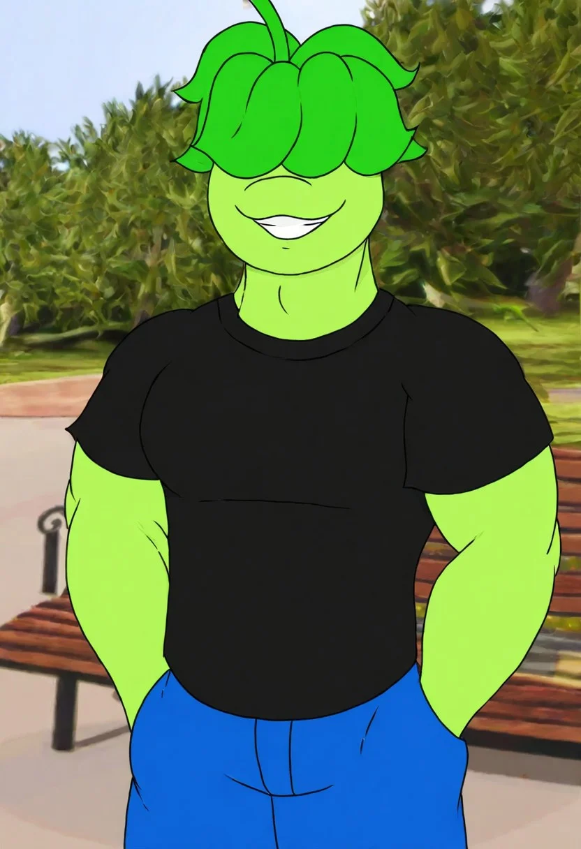 1boy, solo, headbutter lettuce, plants vs. zombies, artist:annaengine, artist:elad3elad, artist:flarethensfwartist, artist:zackary911, digital media \(Artwork\), half-body portrait, flora fauna, vegetable creature, vegetable humanoid, green body, green hair over eyes, smile, muscular male, black t-shirt, blue jeans, park, outdoors, bench, masterpiece, best quality, high quality