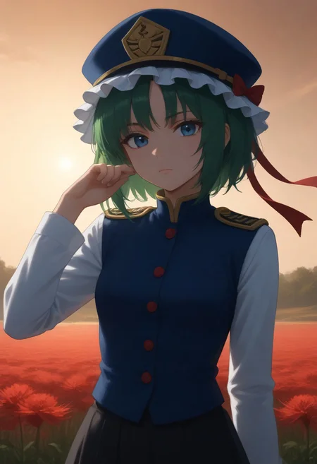 1girl, solo, solo focus, highres, absurdres, shikieiki, green hair, frilled hat, blue eyes, blue headwear, short hair,
long sleeves, black skirt, white shirt, blue vest, red ribbon, epaulettes, small breasts, arm ribbon, buttons, 
looking at viewer, head tilt, expressionless, hand up, 
red spider lily, flower field, red sky, backlighting,