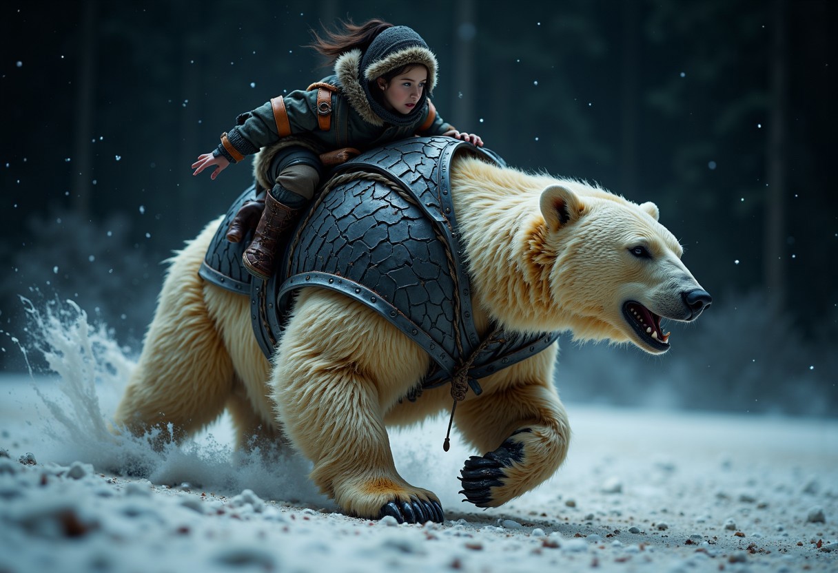 Blurry photo of a young girl riding a huge armored polar bear at midnight. She rides him like a horse, but without reins or saddle, instead clutching tightly to his fur. The camera's flash provides the only light, and we cannot see more than a few meters in the dark.
The girl is an inuit, pale but rosy cheeked. She is short and wiry, dressed in ancient leathers. She has dark hair beneath the fur-lined hood. Her clothes are dark leather, dirty and stained. She is looking away from the camera, at something out of shot, and there is an expression of steely determination on her face. She is riding hard, clinging on tightly, her head slightly down, braced against the wind.
The bear is enormous, dwarfing the child on his back. He wears sharp metal plates strapped separately to his head and chest. The plates are individual pieces, each an angular charcoal-black sheet of metal. The armour is cracked and dented from battle. The bear's fur is creamy white, visible in the gaps between the plates. His fur is ((long)), thick and shaggy, matted and yellowing with dirt.  The bear is ((charging)) in the direction the girl is looking. He has turned his head to look at the camera. The bear is roaring fiercely, blood stains his fur and drips from his mouth.
It is a misty night and very very dark. The sky is black withou. There is thick snow on the ground but it is not snowing. The bear's feet sink into the snow and kick it up behind him as he runs.
aidmaimageupgrader