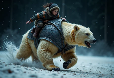 Blurry photo of a young girl riding a huge armored polar bear at midnight. She rides him like a horse, but without reins or saddle, instead clutching tightly to his fur. The camera's flash provides the only light, and we cannot see more than a few meters in the dark.
The girl is an inuit, pale but rosy cheeked. She is short and wiry, dressed in ancient leathers. She has dark hair beneath the fur-lined hood. Her clothes are dark leather, dirty and stained. She is looking away from the camera, at something out of shot, and there is an expression of steely determination on her face. She is riding hard, clinging on tightly, her head slightly down, braced against the wind.
The bear is enormous, dwarfing the child on his back. He wears sharp metal plates strapped separately to his head and chest. The plates are individual pieces, each an angular charcoal-black sheet of metal. The armour is cracked and dented from battle. The bear's fur is creamy white, visible in the gaps between the plates. His fur is ((long)), thick and shaggy, matted and yellowing with dirt. The bear is ((charging)) in the direction the girl is looking. He has turned his head to look at the camera. The bear is roaring fiercely, blood stains his fur and drips from his mouth.
It is a misty night and very very dark. The sky is black withou. There is thick snow on the ground but it is not snowing. The bear's feet sink into the snow and kick it up behind him as he runs.
aidmaimageupgrader