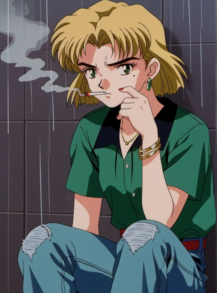 1girl, solo, rits4, blonde hair, short hair, green eyes, green shirt, jeans, cute annoyed, mole under right eye, mole, jewellery, earrings, smoking, cigarette, young, [[full body]], rainy day, retro artstyle, <lora:rits4:1>,