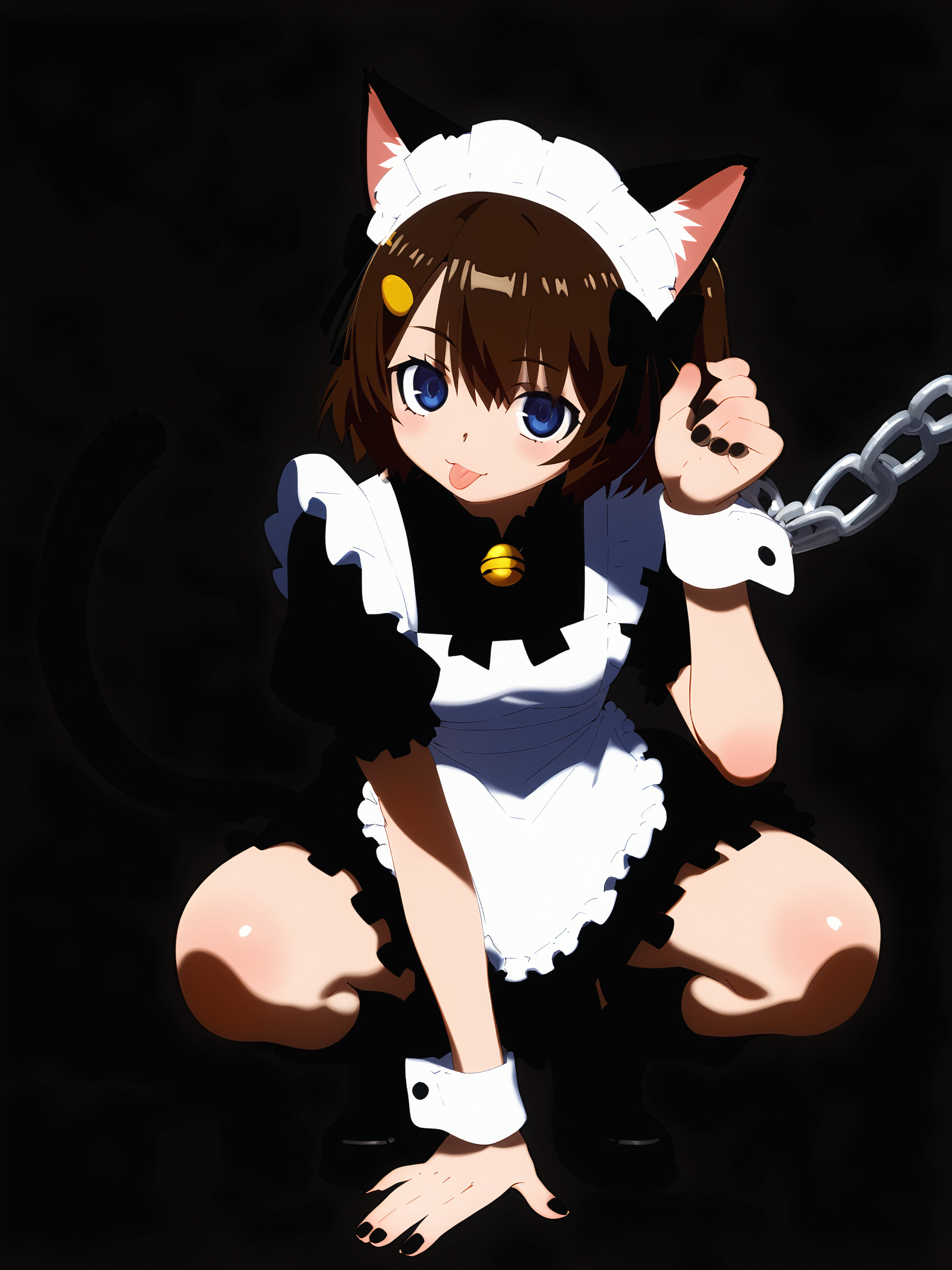 score_9,score_8_up,score_7_up,score_6_up,source_anime, shiny, shiny skin, <lora:Chokotto_Sister-000015:0.8>, <lora:MeMaXL_V3:0.8>, <lora:naip:0.8>,
1girl, animal_ears, solo, cat_ears, tail, cat_tail, maid_headdress, maid, tongue_out, tongue, blue_eyes, apron, bow, white_background, chain, squatting, dress, cat_girl, black_footwear, black_dress, short_sleeves, simple_background, hair_ornament, white_apron, bowtie, brown_hair, looking_at_viewer, cuffs, puffy_sleeves, boots, black_bow, short_hair, signature, maid_apron, :p, black_neckwear, hairclip, wrist_cuffs, bangs, grey_hair, waist_apron, full_body, puffy_short_sleeves, frilled_apron, hair_between_eyes, frills, animal_ear_fluff, shoes, thigh_strap, shadow, shackles, eyebrows_visible_through_hair, extra_ears, off_shoulder, black_nails