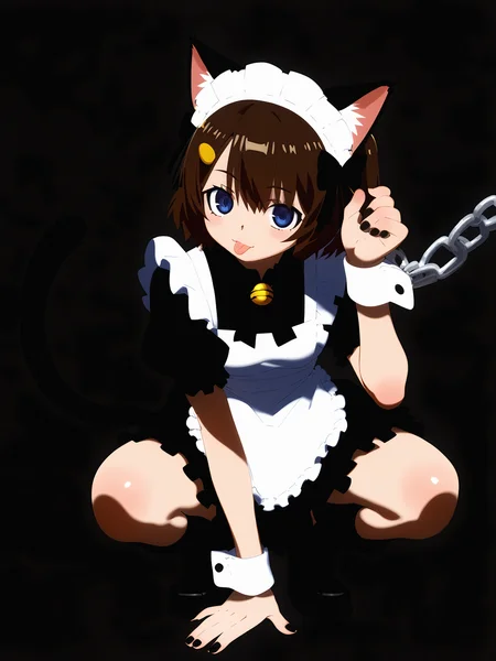 score_9,score_8_up,score_7_up,score_6_up,source_anime, shiny, shiny skin, <lora:Chokotto_Sister-000015:0.8>, <lora:MeMaXL_V3:0.8>, <lora:naip:0.8>,
1girl, animal_ears, solo, cat_ears, tail, cat_tail, maid_headdress, maid, tongue_out, tongue, blue_eyes, apron, bow, white_background, chain, squatting, dress, cat_girl, black_footwear, black_dress, short_sleeves, simple_background, hair_ornament, white_apron, bowtie, brown_hair, looking_at_viewer, cuffs, puffy_sleeves, boots, black_bow, short_hair, signature, maid_apron, :p, black_neckwear, hairclip, wrist_cuffs, bangs, grey_hair, waist_apron, full_body, puffy_short_sleeves, frilled_apron, hair_between_eyes, frills, animal_ear_fluff, shoes, thigh_strap, shadow, shackles, eyebrows_visible_through_hair, extra_ears, off_shoulder, black_nails