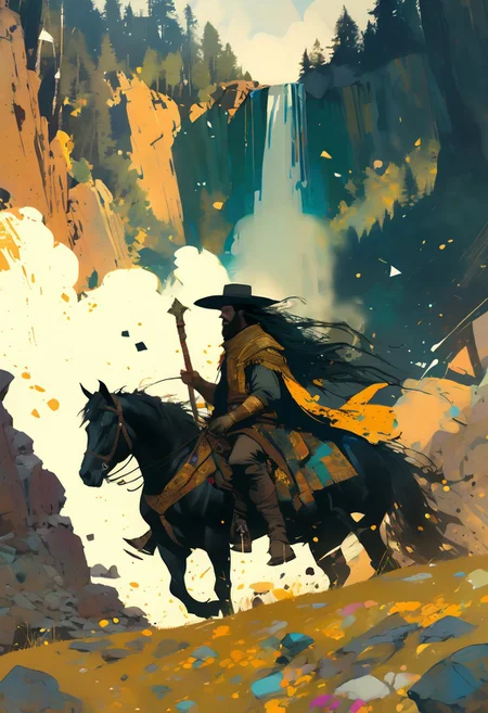 score_9, score_8_up, score_8_up, ((Cinematic composition)),((masterpiece)), (resplendent highlighting), 8k.
A dwarven cowboy (cowboy hat) on horseback rides by a waterfall. (full body). Horses are drinking from the water. (camera shot from above), deep rich colours, ((full body)) axes are strapped to the horse. (resplendent spotlight on her face). A splash of paint explodes on the floor by the horses. dynamic electric atmosphere. Sunny day with a few clouds.
Ink, Charcoal and watercolours. impressionistic. (Klimt :1.2) dadaistic collage (by Bill Sienkiewicz:1.5), strikingly alluring face. brilliant spotlight effect. Vibrant thick dripping paint. Intense detail, realistic, dynamic shadows and contrasts. Matte and faded background colours.surreal, intense colors, liquid, unreal parts, alluring, fluid, perfection, gothic. (Luminous skin dynamically highlighted), Illustration, (klimt:0.8) (Bill Sienkiewicz:1.5). maximum detail, Chinese watercolor and ink technique. Gold leaf highlights.
<lora:xl_more_art-full_v1:0.4> <lora:epi_noiseoffset2:1>3