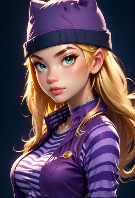 score_9, score_8_up, score_7_up, score_6_up, score_5_up, score_4_up score_9,score_8_up, digital art, upper body shot, realistic 3D illustration,
BREAK,
zzIzumi, perfect, green eyes, blonde hair, long hair, purple vest, striped shirt, hat,
BREAK,
subsurface scattering, soft lighting, contemplative expression, dark background, subtle makeup, high-resolution, detailed texture, emotional depth, dramatic mood, side profile, serene atmosphere, cinematic lighting. perfectly round breasts, big breasts, firm breasts, SkinHairDetail, eye contact, p4st3lg0r3