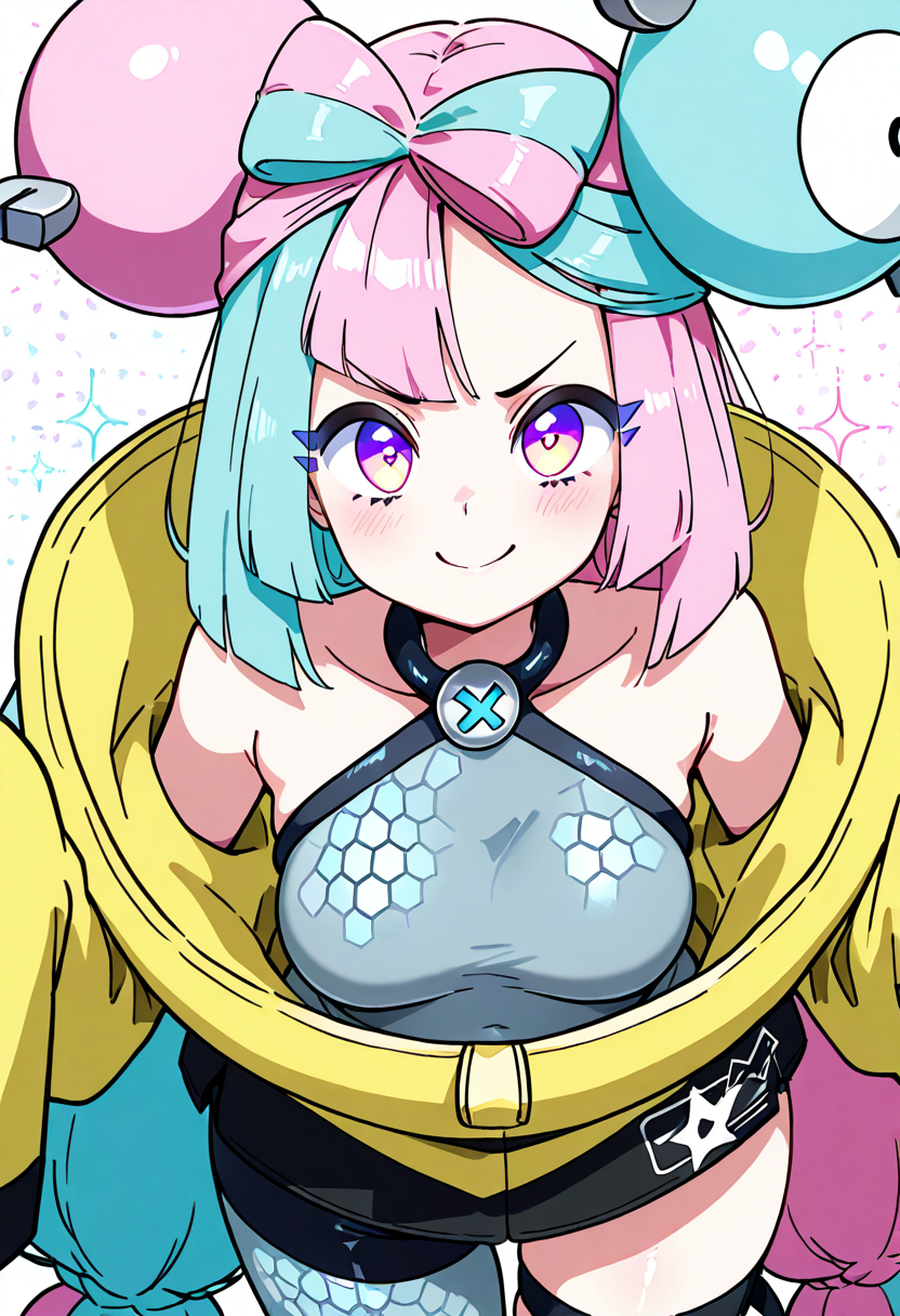 (masterpiece, best quality, good quality, very aesthetic, absurdres, newest:1.2), (curvy, medium breasts),  zzIono, solo, 1girl, long hair, pink eyes, blue hair, pink hair, light blue hair, multicolored hair, bow-shaped hair,  yellow jacket, sleeves past fingers, single leg pantyhose, thigh strap,  <lora:IonoPokemon_NAI:1.0>,, smile, looking at viewer, cowboy shot,  ,<lora:Diives_NAI:1.0>,
