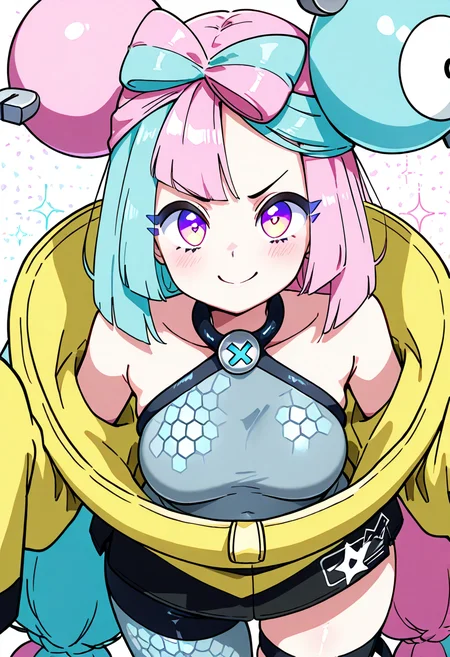 (masterpiece, best quality, good quality, very aesthetic, absurdres, newest:1.2), (curvy, medium breasts), zzIono, solo, 1girl, long hair, pink eyes, blue hair, pink hair, light blue hair, multicolored hair, bow-shaped hair, yellow jacket, sleeves past fingers, single leg pantyhose, thigh strap, <lora:IonoPokemon_NAI:1.0>,, smile, looking at viewer, cowboy shot, ,<lora:Diives_NAI:1.0>,