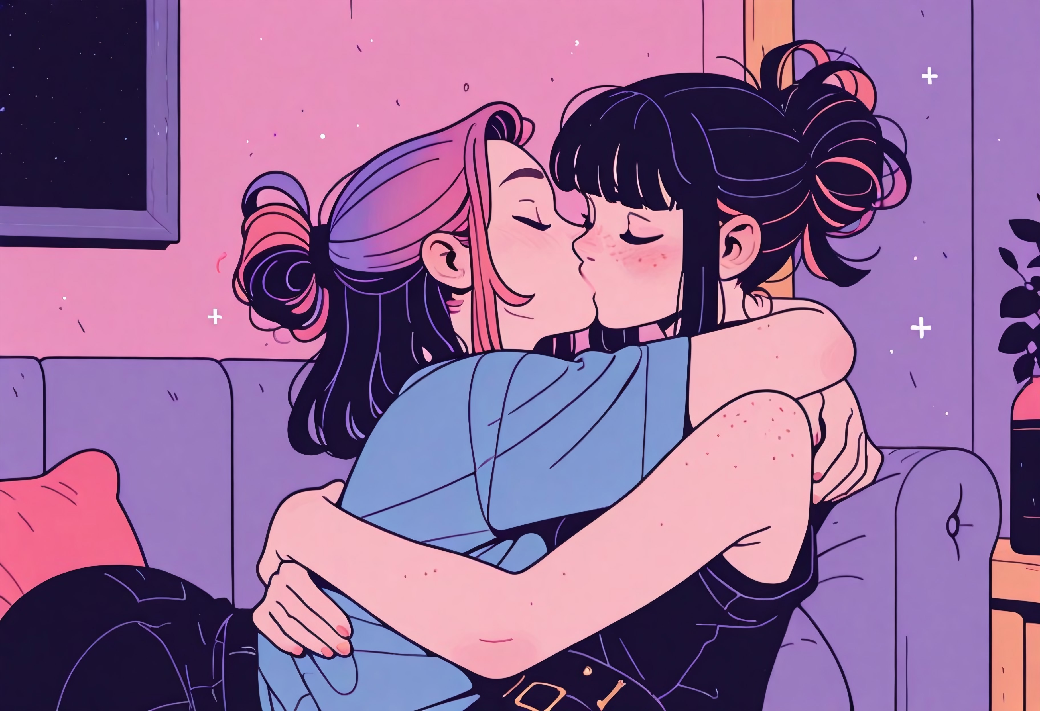 flat_colors, Flatline, Flat vector illustration,
dynamic pose,

2girls, lesbians,
sofa, hug, kiss,
freckles,
multicolored hair, punk hairstyle,

inside,
incoth, (incase:0.6), artist:moriimee,