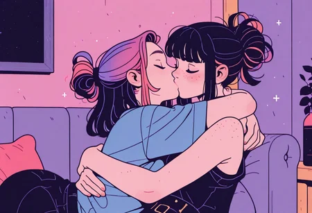 flat_colors, Flatline, Flat vector illustration,
dynamic pose,

2girls, lesbians,
sofa, hug, kiss,
freckles,
multicolored hair, punk hairstyle,

inside,
incoth, (incase:0.6), artist:moriimee,