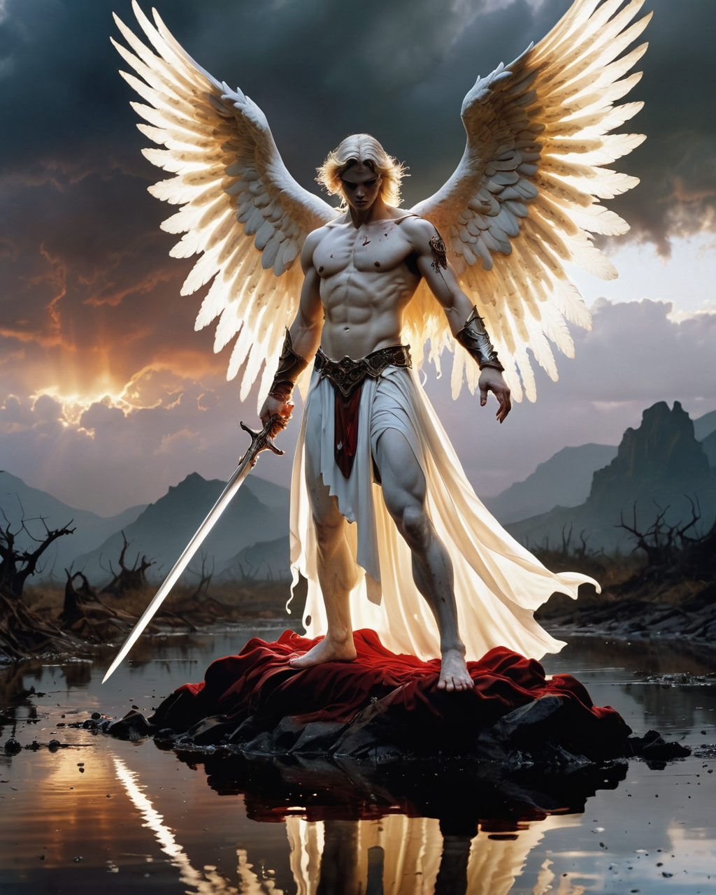 (Male warrior Angel clad in white with a sword:1.9), blood dripping, water, reflections, transparency, provoking, vivid color, Mordor: A dark and evil land, Ernst Haas,  golden hour, <lora:add-detail-xl:1>, <lora:xl_more_art-full_v1:0.8> <lora:artiangel:1.8> artiangel