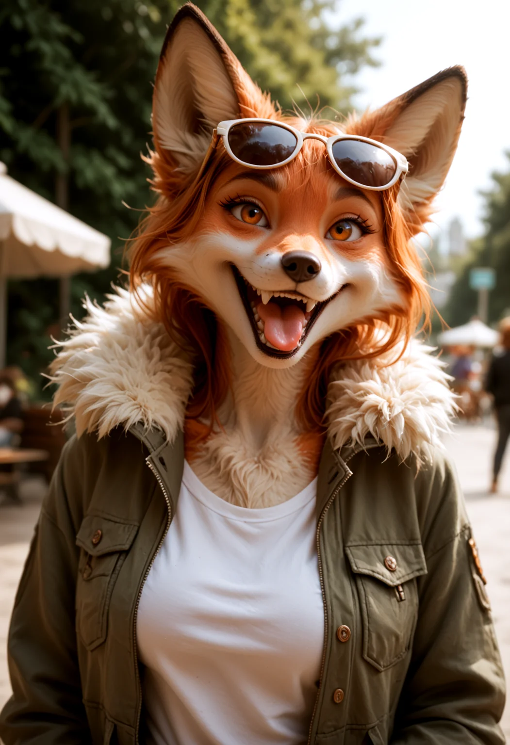 kftenhance, safe_pos, score_9, score_8_up, score_7_up, upper body shot, female furry fox, large breasts, shades, open jacket, at sunny park, , open mouth, smiling, tongue out <lora:KFT_FSSE_V6.3-000005:0.4>