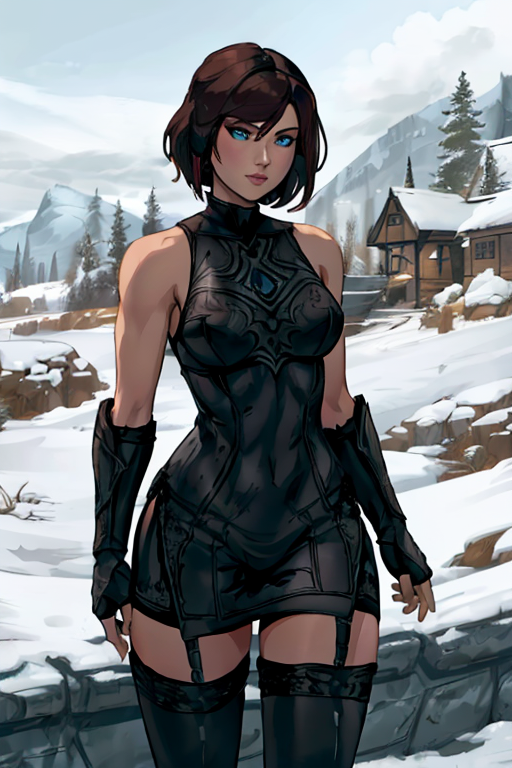 holding (sword:1.2), <lora:4mal3a:1> woman with the same face as 4mal3a preparing for battle with a sword, blue eyes,  <lora:Skyrim-DX-Celes-Nightingale-Outfit:0.7> (skyrim-dx-celes-nightingale-outfit:1.1), fingerless gloves, bare shoulders, thighhighs, thigh boots