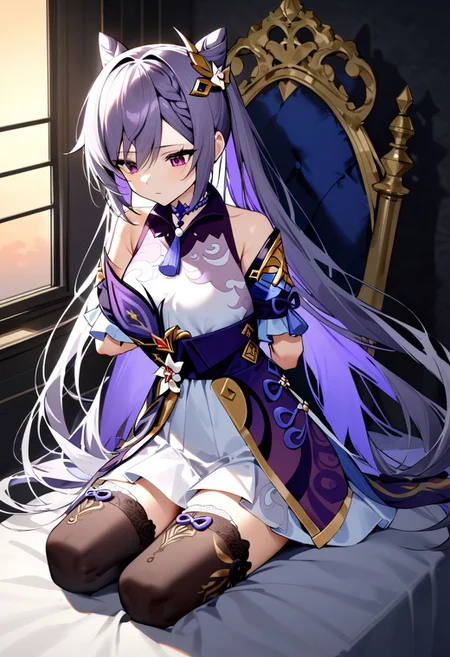 masterpiece, best quality, absurdres, very authentic, three-quarter view, 1girl, solo, full body very long hair, looking at ground, silence, lose mind, colored inner hair, armless amputee, legless amputee, sitting, on the royal chair, expressionless, looking down, indoors, dusk, backlighting, window, luxury bed, luxury royal room, gold necklace with jewels, necklace, exquisite big mirror on wall, gold wall, white camisole, (white long translucent dress:1.2), (purple frilled lace trimmed arm wrapper:1.3), (purple frilled lace trimmed leg wrapper:1.2), wall, window, <lora:amputee-anxl31-000089:0.8>, keqing \(genshin impact\)