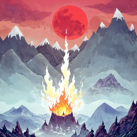 ethereal fantasy concept art of  score_9, score_8_up, volcanic rivers, mountains, burning sky, red moon, fiery landscape, dark ash clouds, digital art, highly detailed, zPDXL, <lora:ZB_Illustrationv1:1> . magnificent, celestial, ethereal, painterly, epic, majestic, magical, fantasy art, cover art, dreamy