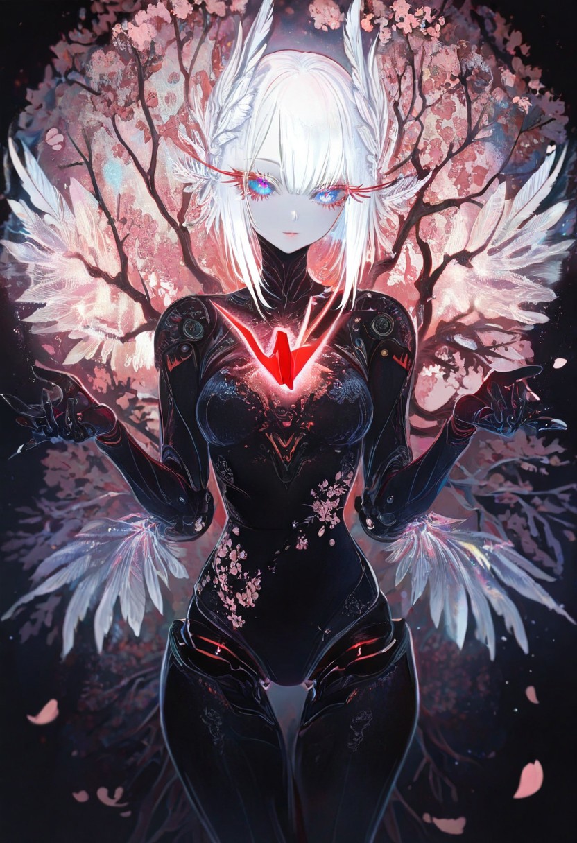 masterpiece, best quality, good quality, very awa, newest, highres, absurdres, 1girl, solo,  
Cherry blossom, 
 limited palette, sketch, glowing, psychedelic,
BREAK 
ambient occlusion, raytracing, soft lighting, blum effect, masterpiece, absolutely eye-catching, particles, glow, shining, intricate cinematic background, (beautiful face), looking seductive, coy. dynamic action image,  
BREAK 
masterpiece,amazing quality,best quality,ultra-detailed,8K,illustration,CG, ultra-detailed-eyes, detailed background,cute girl, eyelashes, erotic, petals falling, 
Cherry blossom, blurry foreground, branch
BREAK
(sexy, slutty, hot, aroused) 
Automaton, colored skin, robot girl, robot joints, white hair, blue eyes, short hair, metal_skin, barcode,
BREAK
crane girl , wings , ((long eyelashes , feather eyelashes)) , white feather with red tip, red eyelashes , white hair , floating paper crane , feather hair , floral print