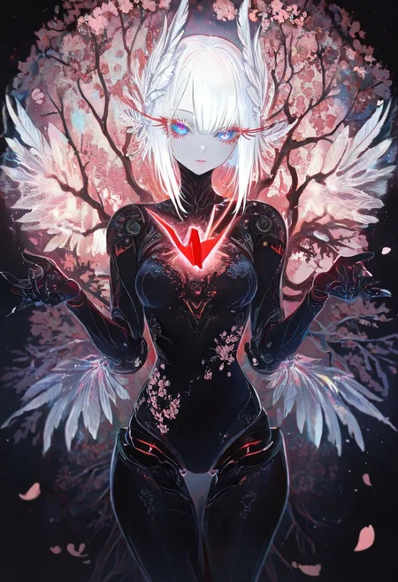 masterpiece, best quality, good quality, very awa, newest, highres, absurdres, 1girl, solo,
Cherry blossom,
limited palette, sketch, glowing, psychedelic,
BREAK
ambient occlusion, raytracing, soft lighting, blum effect, masterpiece, absolutely eye-catching, particles, glow, shining, intricate cinematic background, (beautiful face), looking seductive, coy. dynamic action image,
BREAK
masterpiece,amazing quality,best quality,ultra-detailed,8K,illustration,CG, ultra-detailed-eyes, detailed background,cute girl, eyelashes, erotic, petals falling,
Cherry blossom, blurry foreground, branch
BREAK
(sexy, slutty, hot, aroused)
Automaton, colored skin, robot girl, robot joints, white hair, blue eyes, short hair, metal_skin, barcode,
BREAK
crane girl , wings , ((long eyelashes , feather eyelashes)) , white feather with red tip, red eyelashes , white hair , floating paper crane , feather hair , floral print