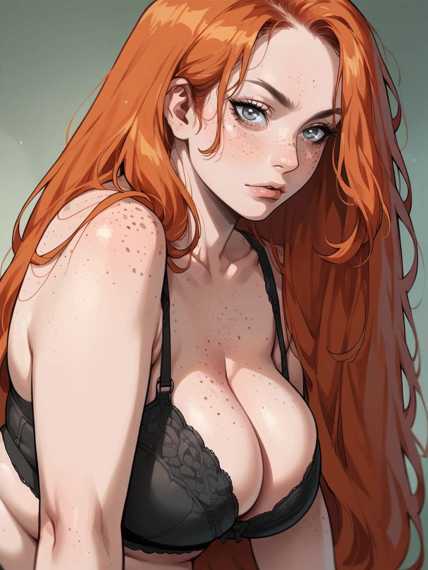 score_9, score_8_up, score_7_up, score_6_up, long hair, ginger hair, grey eyes, 1girl, plump, Fr3ckles,1girl, freckles, grey eyes, <lora:Fr3ckledXLP:0.2>pale skin  <lora:g4n1m3XLP:1> g4n1m3, large breasts, <lora:p1nkl4c3XLP1:0.6> pink p1nkl4c3, underwear, bra