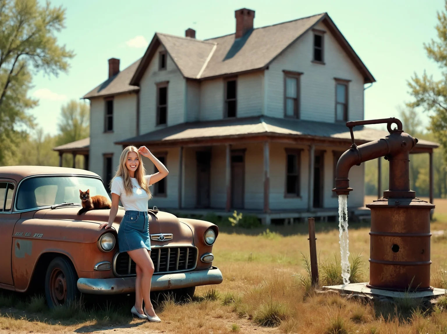 breathtaking a woman standing next to a rusted old truck in front of a house with a dog on the hood, Americo Makk, promotional image, a matte painting, american impressionism . award-winning, professional, highly detailed