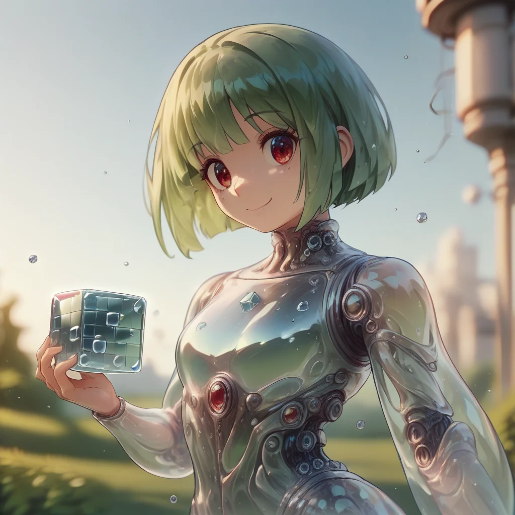 score_9, score_8_up, <lora:BubblyTech_PonyXL_B-000013:1>,bubblytech ,scifi, transparency, caustics , iridescent,
1girl, bob cut, green hair, red eyes, side_smile , cowboy shot, depth of field, holding_cube, masterpiece, sem-realistic,in an ally