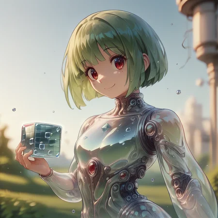 score_9, score_8_up, <lora:BubblyTech_PonyXL_B-000013:1>,bubblytech ,scifi, transparency, caustics , iridescent,
1girl, bob cut, green hair, red eyes, side_smile , cowboy shot, depth of field, holding_cube, masterpiece, sem-realistic,in an ally