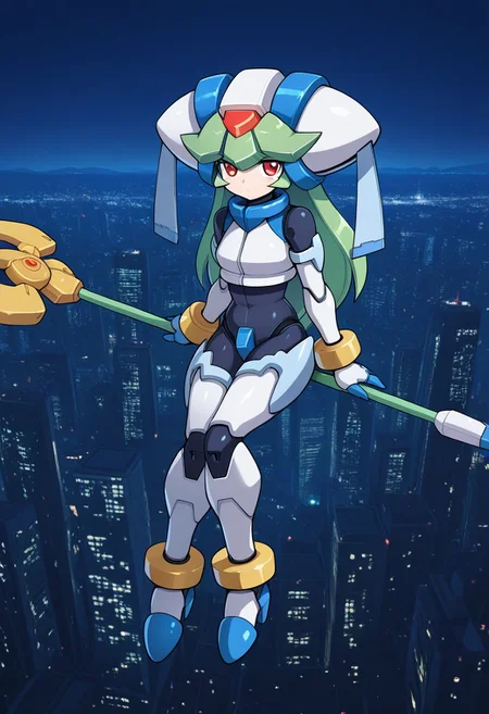 1girl, solo, pandorazxa, transformedform, android, green hair, long hair, red eyes, helmet, crop top, bodysuit, armor, armored gloves, armored boots, bracelet, anklet, holding staff, outdoors, night, cityscape, sitting on staff, flying, full body