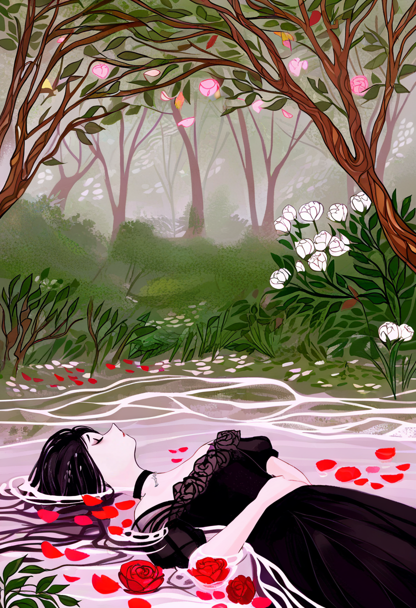 1girl, flower, black hair, solo, dress, water, lying, petals, plant, black dress, partially submerged, rose, choker, on back, tree, nature, leaf <lora:cqtlatteXL_NBVP1_lokr_V6311P:0.95>