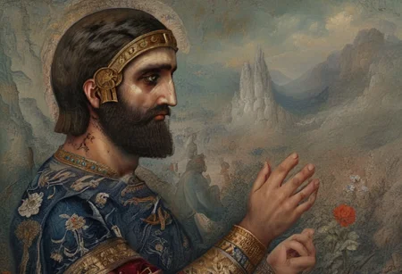 In his mind, reverential fear of Marduk, king of the gods, came to an end. 
He did yet more evil to his city every day; … his [people…], he brought ruin on them all by a yoke without relief. 
Enlil-of-the-gods became extremely angry at their complaints, and […] their territory. 
The gods who lived within them left their shrines, angry that he had made them enter into Babylon (Shuanna). 
Ex[alted Marduk, Enlil-of-the-Go]ds, relented. 
style of Qajar art, FastNegativeV2, green eyes, blue eyes, brown eyes, perfecteyes