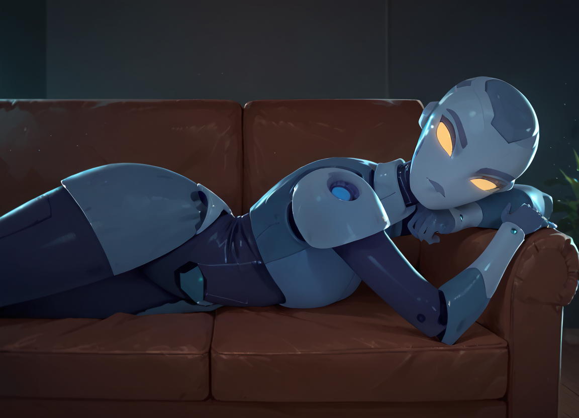 score_9, score_8_up, score_7_up, C-LA, robot, solo, reclaining on couch, from side, laying, looking at viewer
