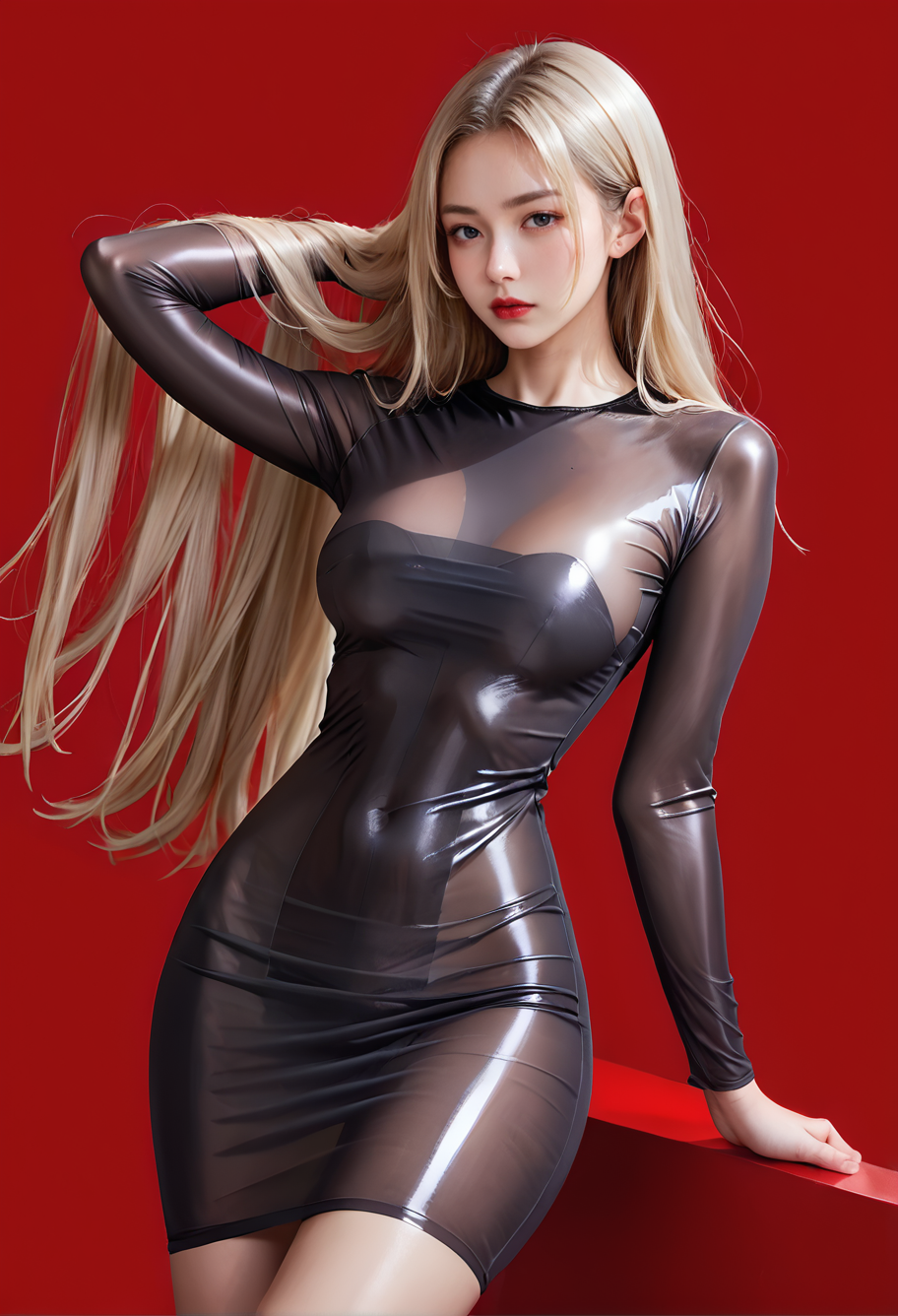 score_9,score_8_up,score_7_up,8k,red background,,ruanyi0741,long sleeves,see-through dress,tight dress,blonde hair,very long hair,skin tight,no bra,skirt,shiny clothes,black dress,<lora:0741 silky glossy dress_v1_pony:0.9>
