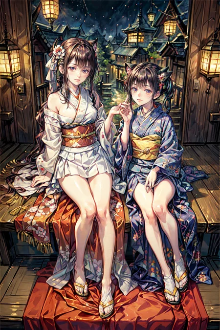 (best quality:1.2), (masterpiece:1.2), (Watercolor style:1.2), (Muted Tone:1.3), Delicate, intricate details, newest, fantasy world, edo period, dark night, midnight, 1girl, seductive, artistic masterpiece, high-leg kimono, bare shoulders, thighs, talking kimono, moving kimono, heated discussion, fun, cats wearing kimono, several cats, at feet, view from above, dynamic angle, dynamic pose, close-up, warm happy reassuring smile, calm soothing look, colorful illustration
  watercolor (medium), traditional media,  wearing kimono_clothes<lora:style19:0.7>,<lora:realistic_kimono_clothes:0.6>