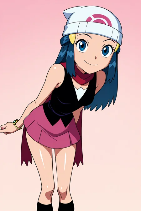 masterpiece, best quality, 1girl, solo, beautiful eyes, zzDawn, blue hair, blue eyes, sidelocks, long hair, bare shoulders, beanie, black shirt, black socks, bracelet, hat, jewelry, kneehighs, miniskirt, pink skirt, red scarf, scarf, shirt, skirt, sleeveless, sleeveless shirt, white headwear, <lora:DawnPokemonIXL_e07:1.0> <lora:TTitansStyleIXL:1.0>, , cowboy shot, leaning forward, smile, looking at viewer, shiny skin,