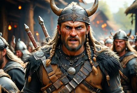 Human man full body, North Viking with folk clothed on head and have black accessories, warrior with agresive emotional, photorealistic, photography lighting, extremely detailed, shot on Sony A7R V with Leica lens, corvidfolk