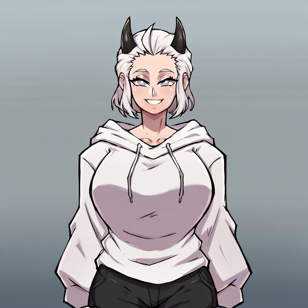 justicedef, white hair, short hair, demon horns, grey eyes, score_9, score_8_up, high qualitblack, masterpiece, (perfect face), large breasts, white  simple oversized hoodies, black shorts, bedroom background, (little smile)
