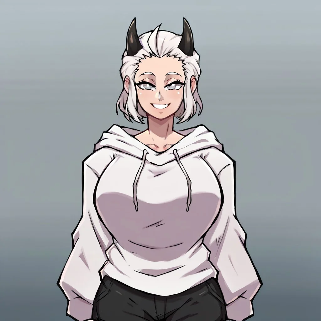 justicedef, white hair, short hair, demon horns, grey eyes, score_9, score_8_up, high qualitblack, masterpiece, (perfect face), large breasts, white simple oversized hoodies, black shorts, bedroom background, (little smile)
