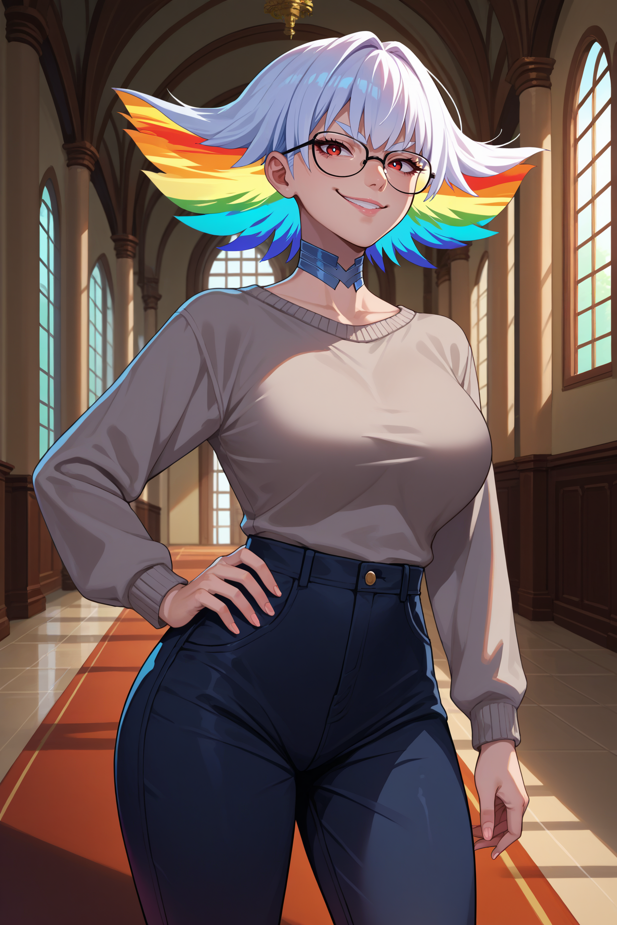 score_9, score_8_up, score_7_up, score_6_up, source_anime, 1girl, solo,   <lora:kiryuuinragyou-pdxl-nvwls-v1-000006:1> ragyou, white hair, rainbow hair, multicolored hair, short hair, red eyes, mature female, large breasts, choker, grey sweater, black pants, glasses, smug, looking at you, hand on hip, indoors, hallway, mansion