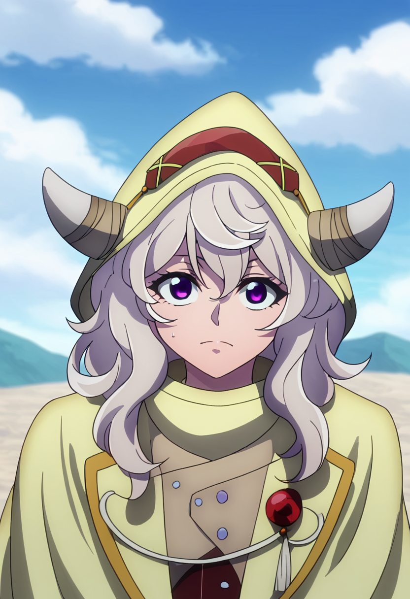 score_9,  <lora:Animalia:1> Animalia, 1girl, horns, solo, purple eyes, outdoors, day, upper body, hood, sky, blue sky, hair between eyes, closed mouth, looking at viewer, grey hair, long hair, cloud, parody, cloak